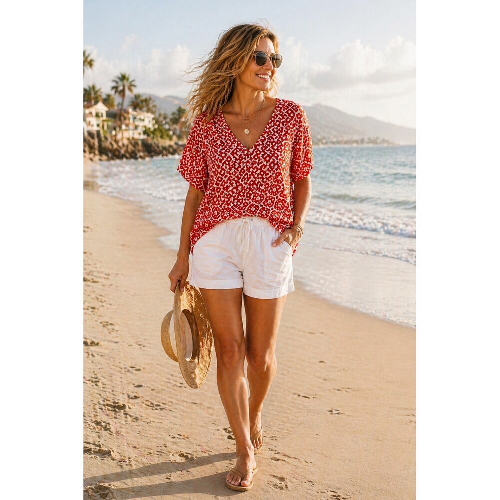 Boden Red White Geometric Blouse Lightweight Flowy V-Neck Top Size L Casual Work